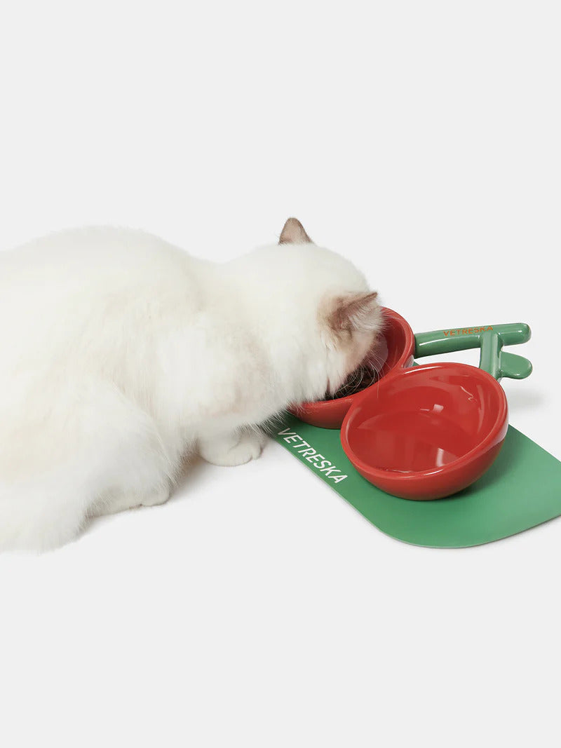 VETRESKA Ceramic Pet Food Bowl Feeding Bowl Pet Dish Cherry Shaped 2 in 1 Bowl