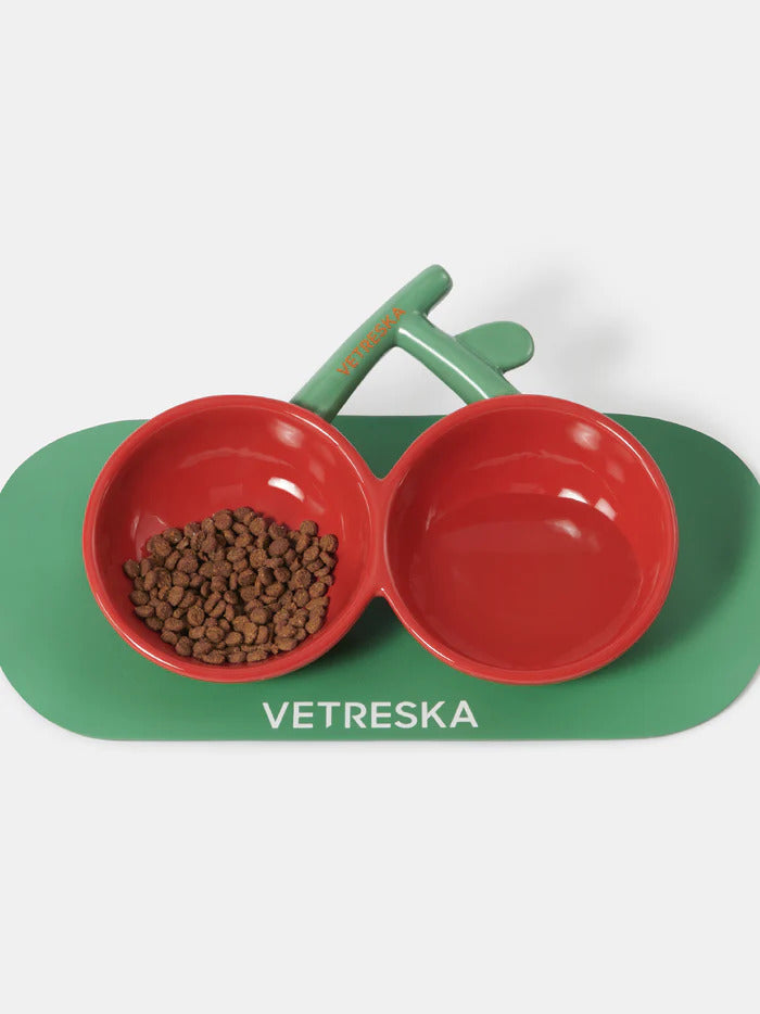 VETRESKA Ceramic Pet Food Bowl Feeding Bowl Pet Dish Cherry Shaped 2 in 1 Bowl