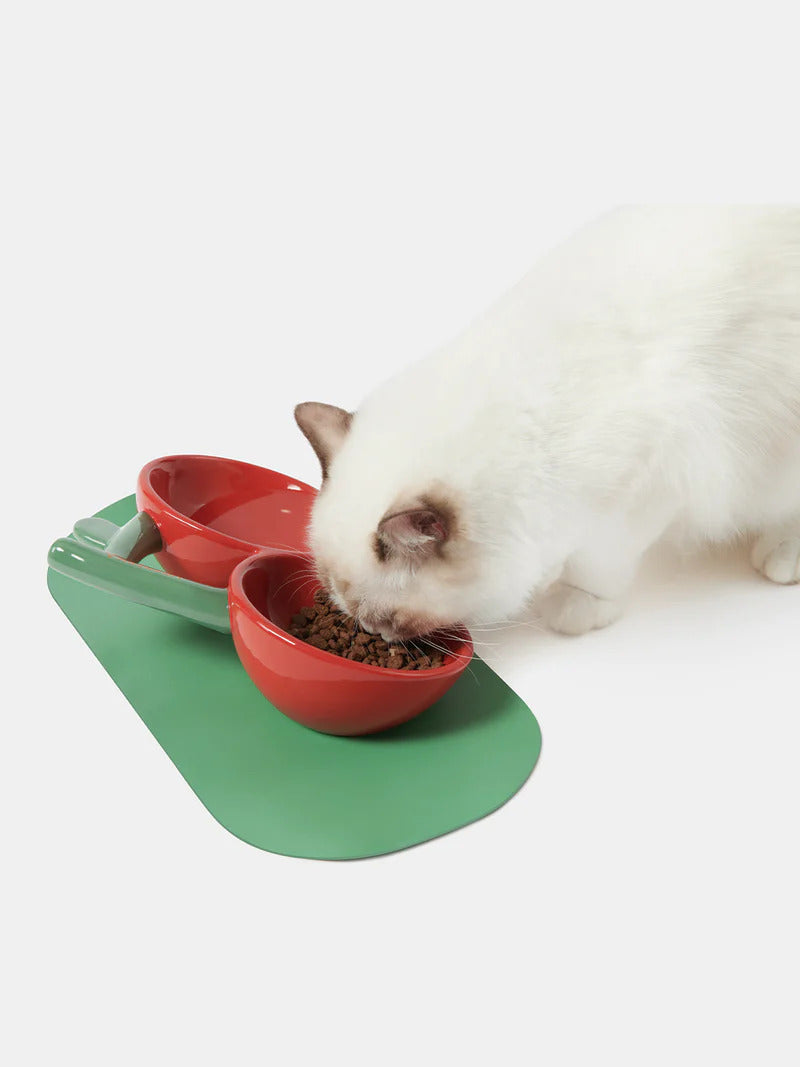 VETRESKA Ceramic Pet Food Bowl Feeding Bowl Pet Dish Cherry Shaped 2 in 1 Bowl