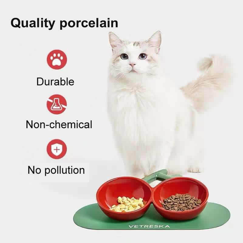 VETRESKA Ceramic Pet Food Bowl Feeding Bowl Pet Dish Cherry Shaped 2 in 1 Bowl