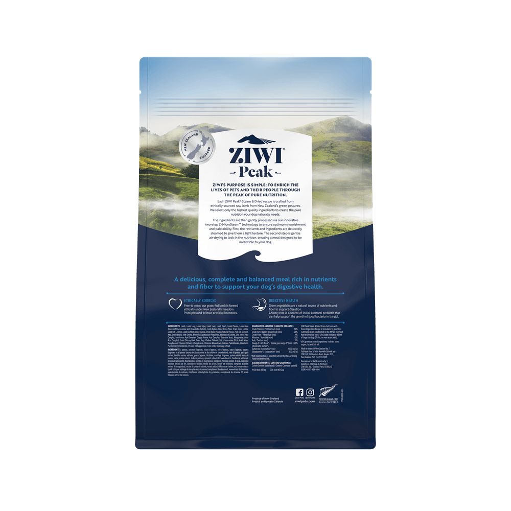 Ziwi Peak Steam And Dried Grass Fed Lamb With Green Vegetables Dry Dog Food