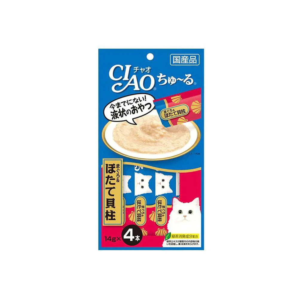CIAO Churu White Meat Tuna and Scallop Puree Wet Cat Treats 4x14g