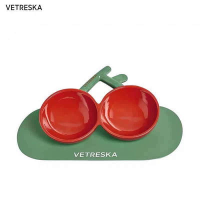 Cherry Ceramic Double Bowls With Dining Mat Cat Do