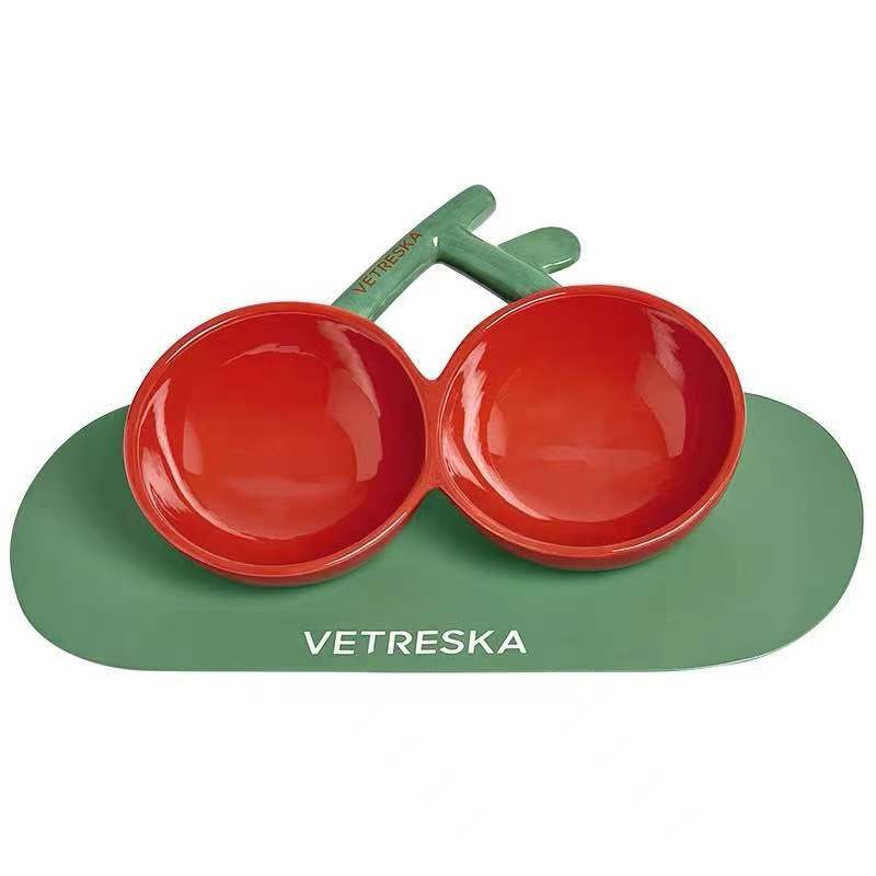 Cherry Ceramic Double Bowls With Dining Mat Cat Do