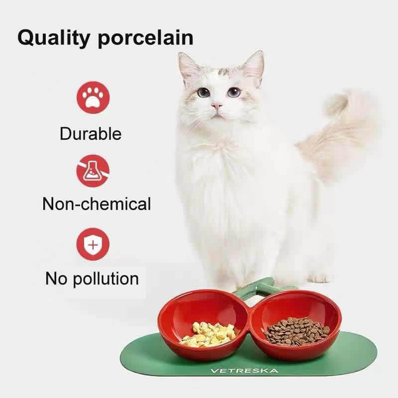 Cherry Ceramic Double Bowls With Dining Mat Cat Do
