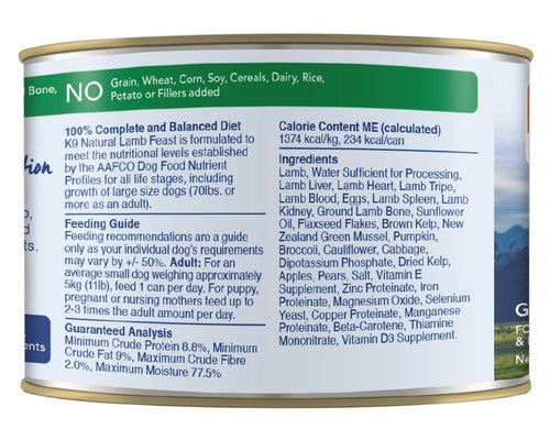 K9 NATURAL CANNED LAMB FEAST 170GX12