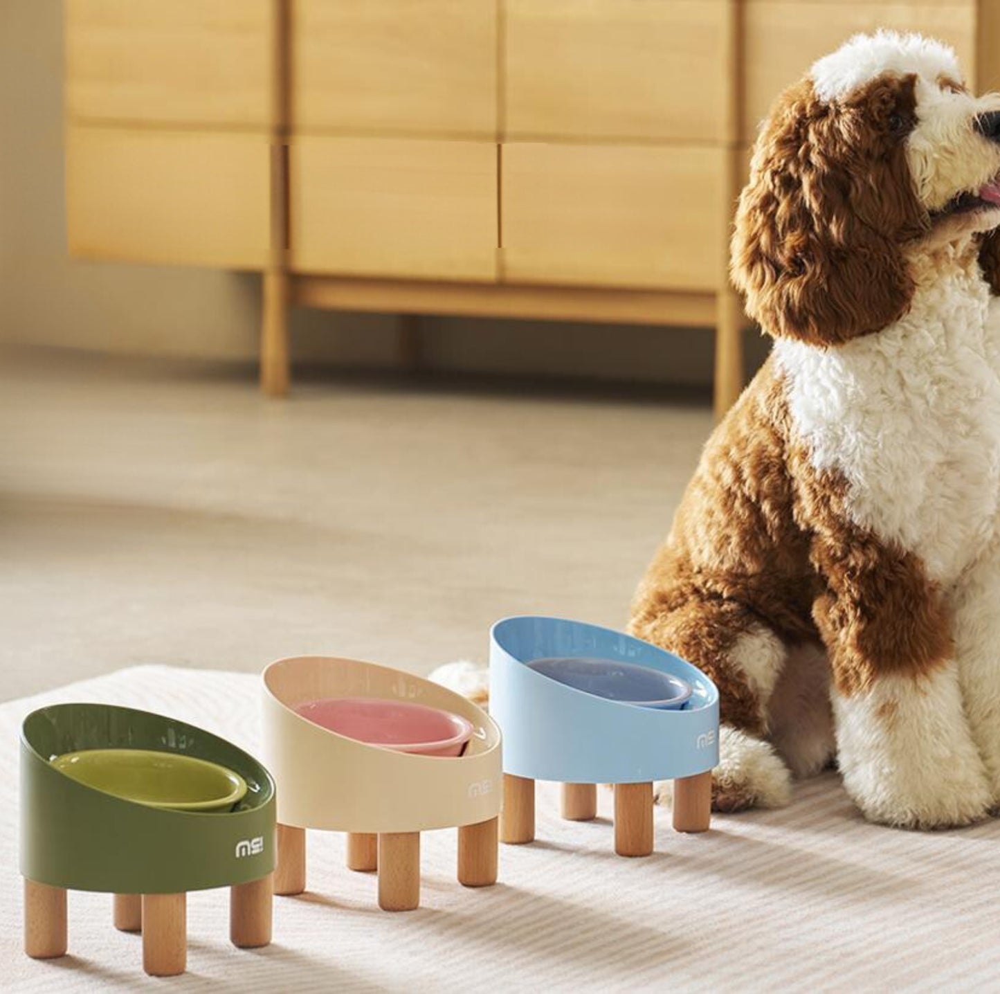 Makesure Rolls Elevated Ceramic Pet Bowl with Wooden Stand