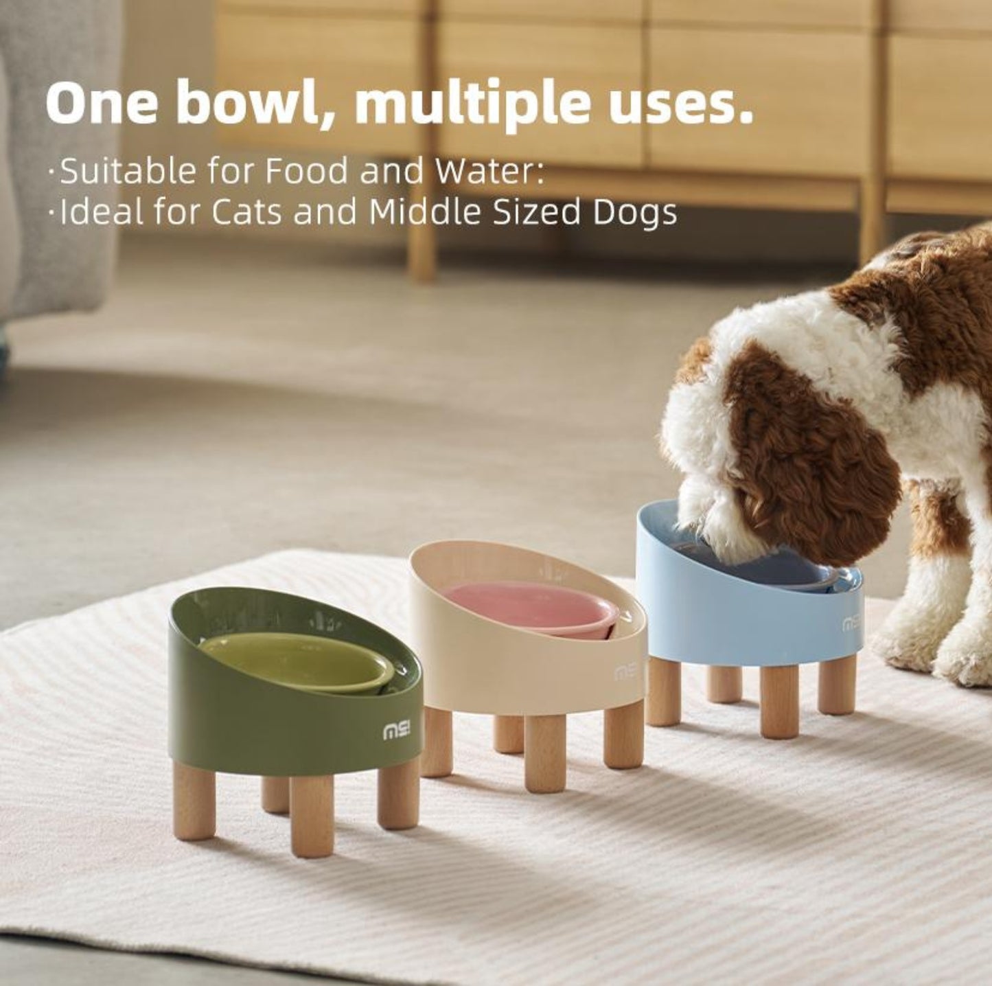 Makesure Rolls Elevated Ceramic Pet Bowl with Wooden Stand