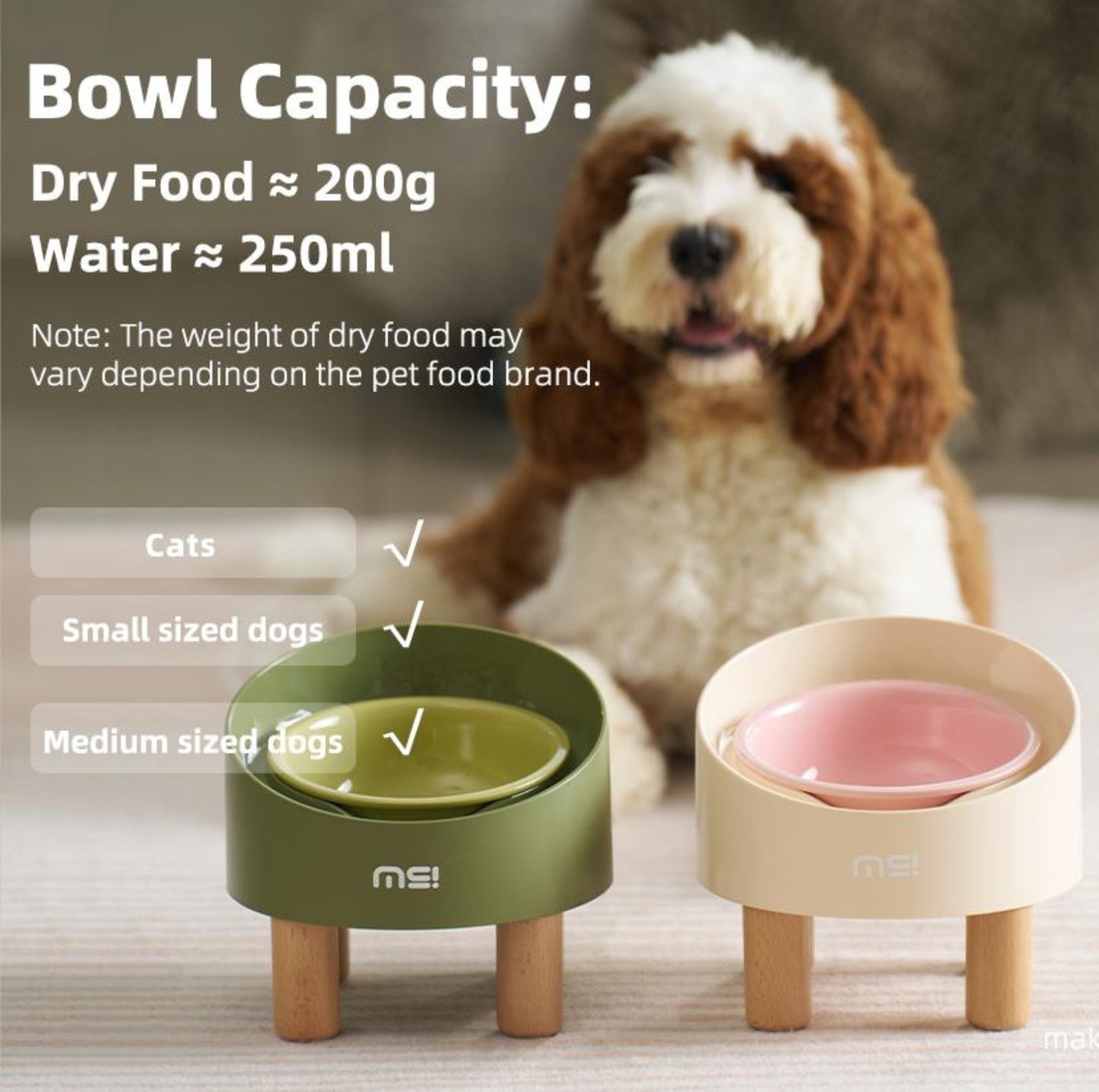 Makesure Rolls Elevated Ceramic Pet Bowl with Wooden Stand