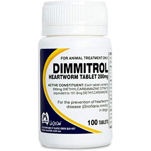 No stock available until April please call store to order DIMMITROL Heartworm Control Tablets for Medium Dogs 200 Mg 100 Tablets (YELLOW)