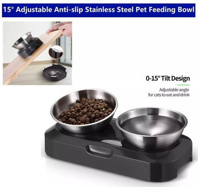 Stainless Steel Pet Cat Dog Kitten Puppy 15° Adjustable Feeding Bowl Double