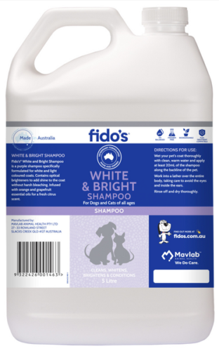 Fidos White & Bright Shampoo Conditioner 5L Dog Cat Soap Free