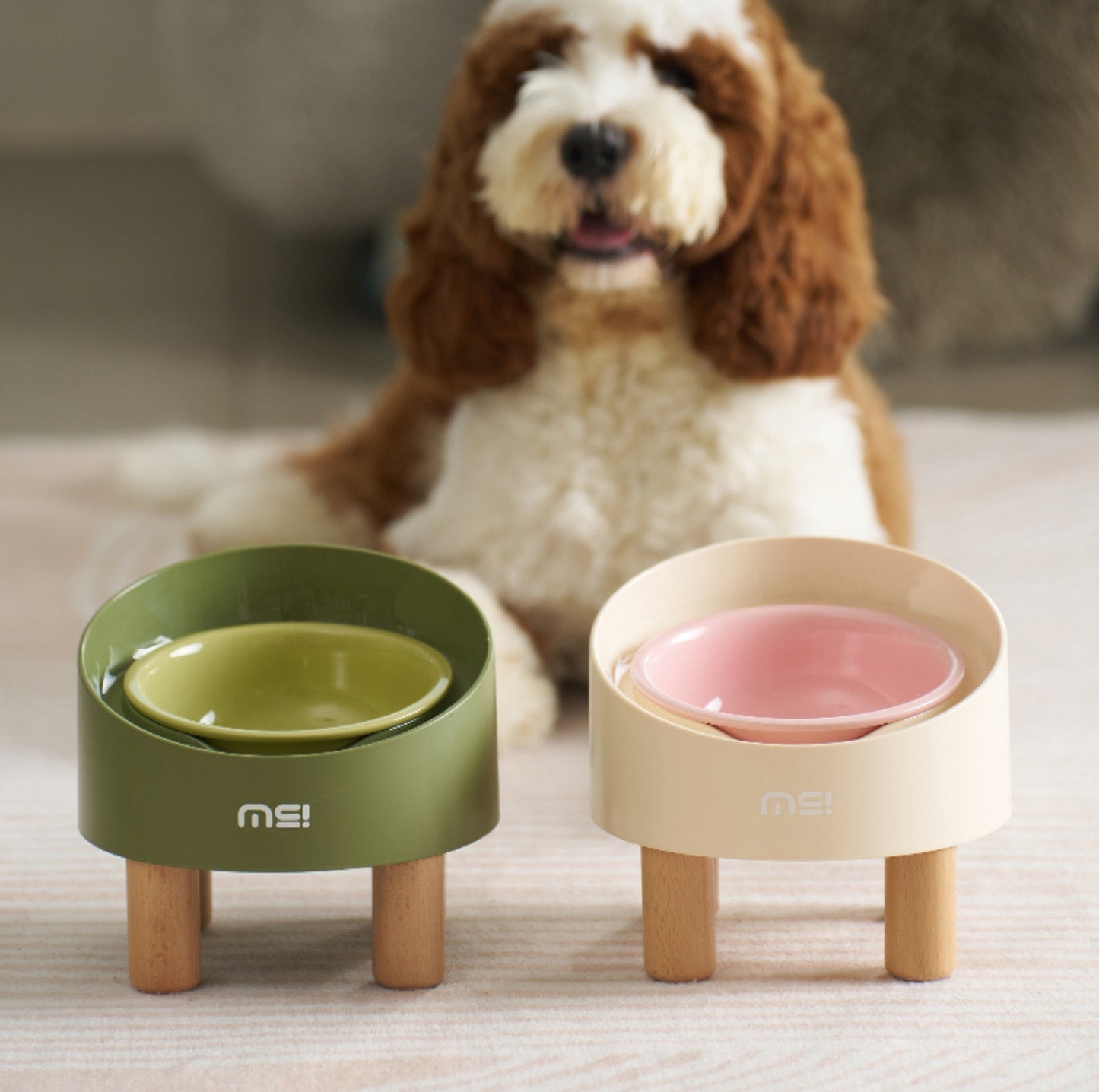 Makesure Rolls Elevated Ceramic Pet Bowl with Wooden Stand