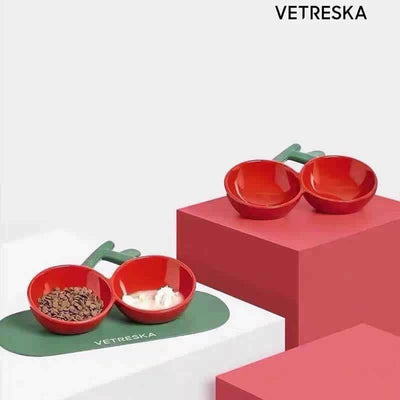 VETRESKA Ceramic Pet Food Bowl Feeding Bowl Pet Dish Cherry Shaped 2 in 1 Bowl