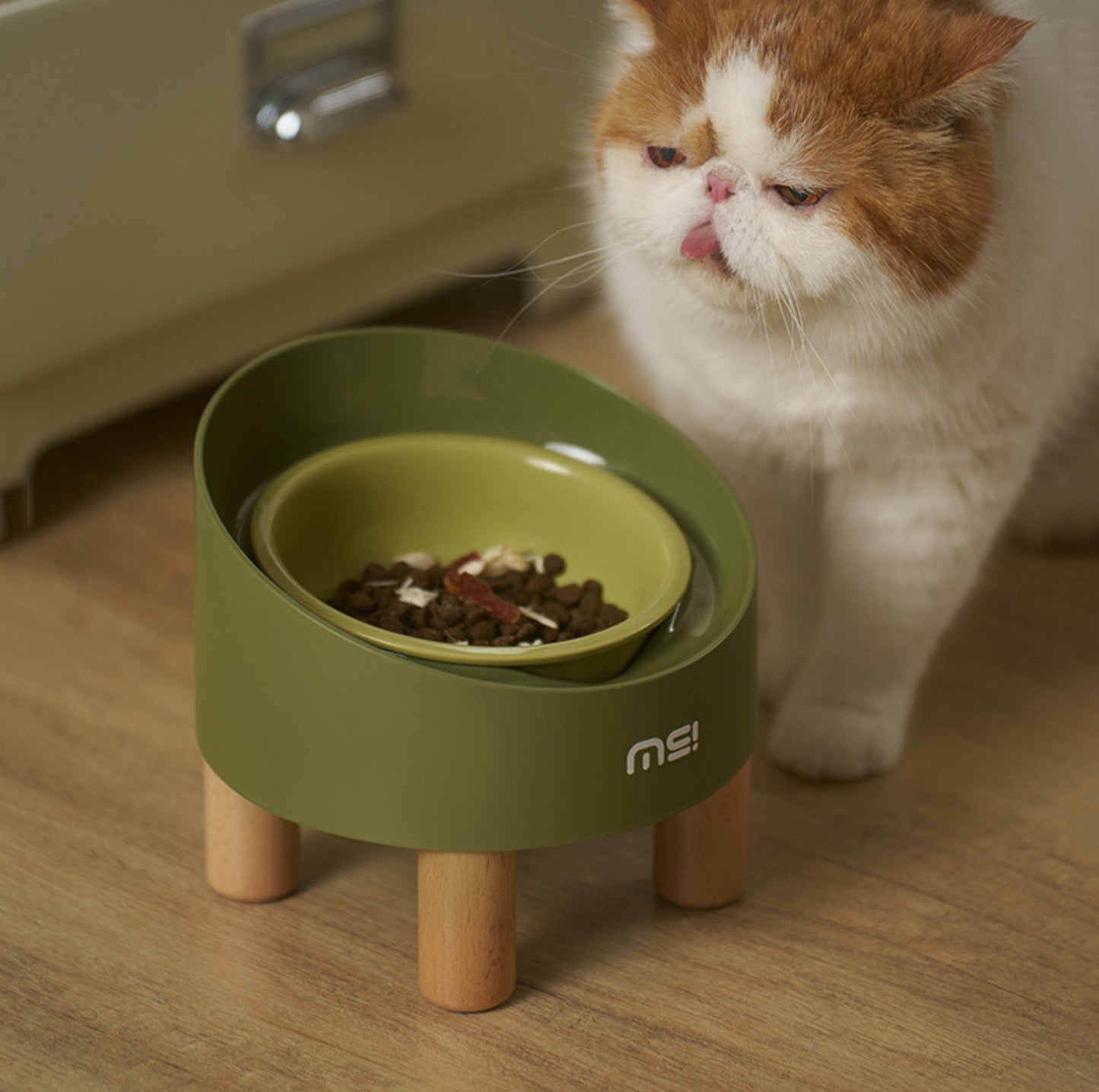 Makesure Rolls Elevated Ceramic Pet Bowl with Wooden Stand