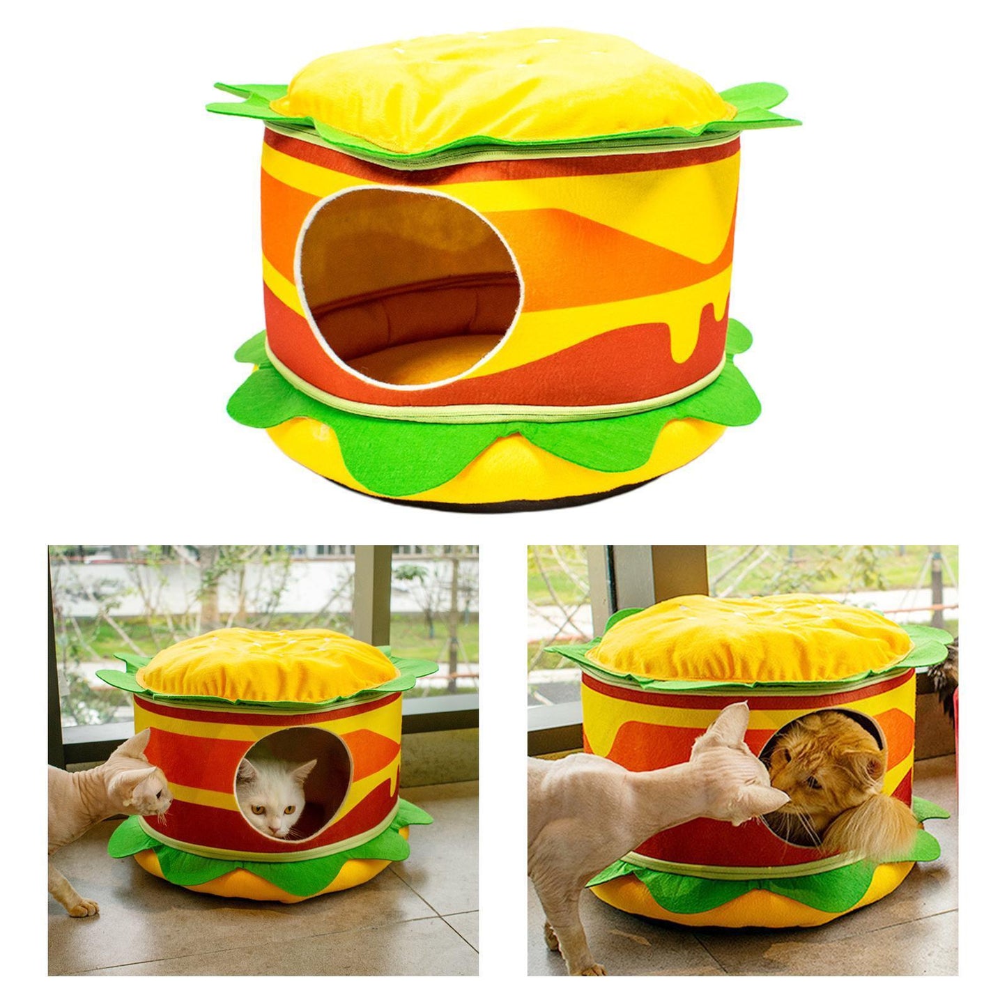 Hamburger Fries Cat Bed Dog Bed Pet Warm Soft Plush Round Nest Comfy Sleeping