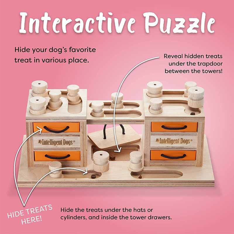 Dog Smart Wooden Interactive Dog Foraging Game Toy - Two Towers Natural Wood My Intelligent Pets