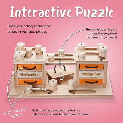 Dog Smart Wooden Interactive Dog Foraging Game Toy - Two Towers Natural Wood My Intelligent Pets