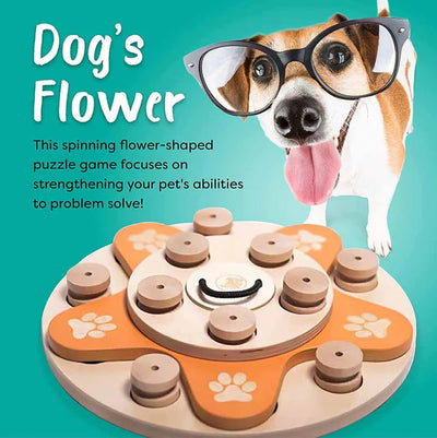 Dog Smart Wooden Interactive Dog Foraging Game Toy - Dog's Flower Natural Wood