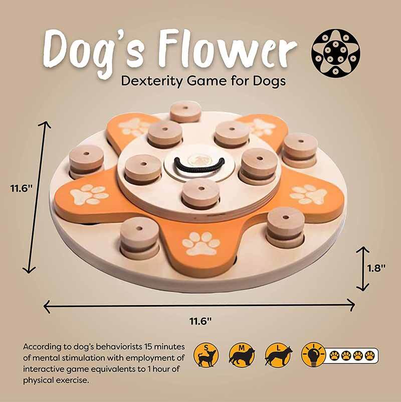 Dog Smart Wooden Interactive Dog Foraging Game Toy - Dog's Flower Natural Wood