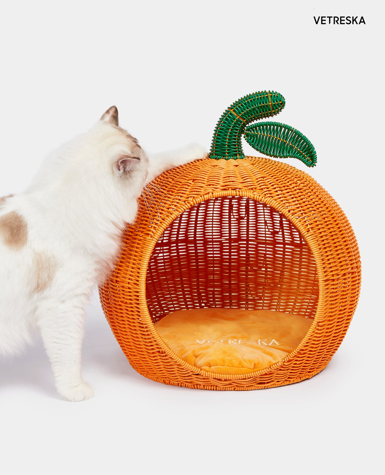 Tangerine Rattan Pet Bed Cat Dog House Round Wicker Basket Kennel Toy VETRESKA