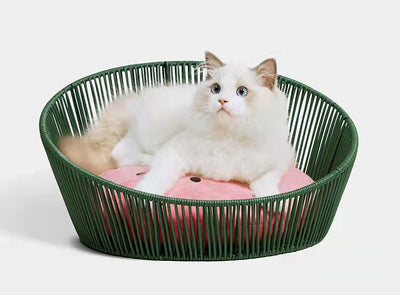 Vetreska Solid Rattan Pet og Cat Bed Washable House Basket Toy-Watermalon