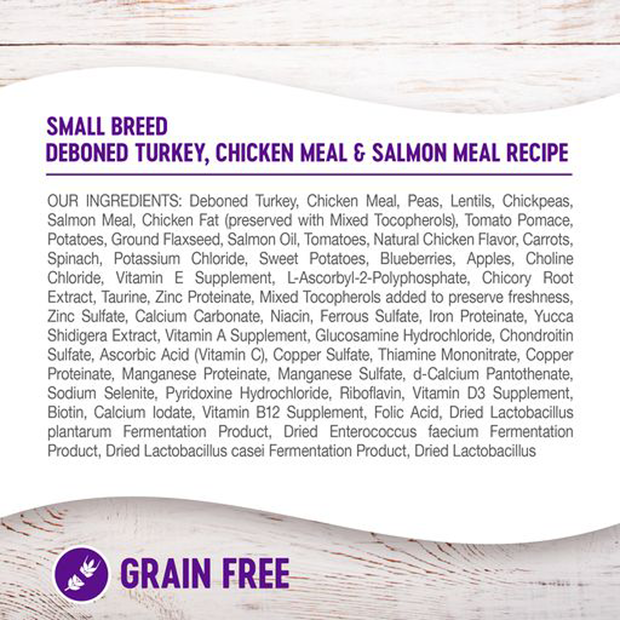 complete heatlh grain free small bread adult deboned turkey chicken meal and salmon meal dry dog food